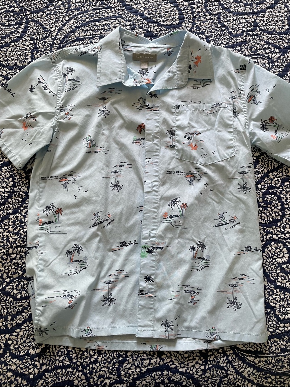 Lucky Brand Light Blue Tropical Print Short Sleeve Button-Up
